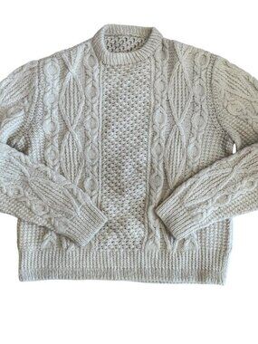 Vintage Unisex 100% Wool White Rustic Chunky Cable Knit Hand Knit Irish Sweater